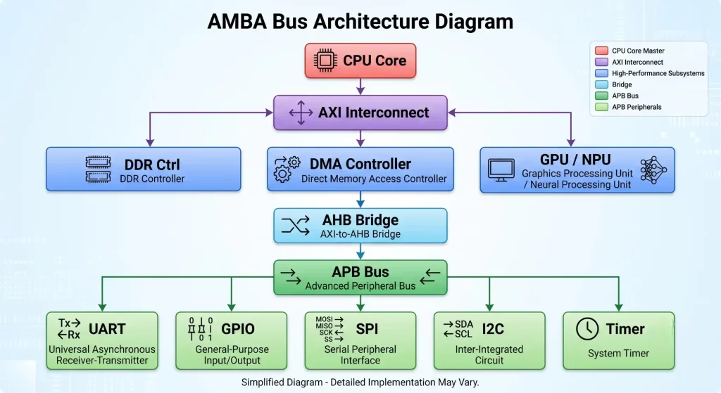 AMBA bus architecture diagram showing CPU Core connected to AXI Interconnect, DDR Controller, DMA Controller, GPU/NPU, AHB Bridge, APB Bus, and peripherals including UART, GPIO, SPI, I2C, and Timer in a System-on-Chip (SoC) design.