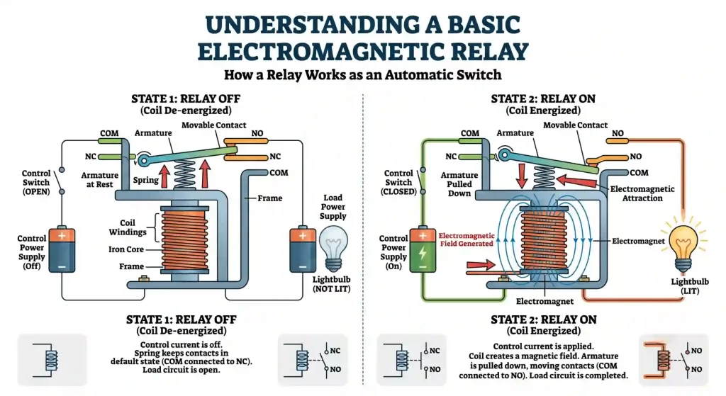 Electromagnetic relay working principle diagram showing relay ON and OFF states with NO and NC contacts