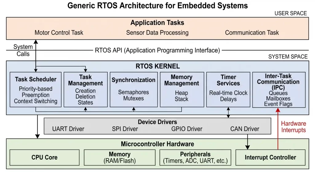 A layered infographic diagram visualizing the hierarchical stack of an RTOS, moving from top Application Tasks, through the central Kernel Services, to Device Drivers and the base Microcontroller Hardware.