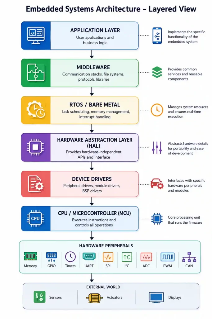 Layered embedded systems architecture block diagram showing the Application Layer, Middleware, RTOS or Bare Metal, Hardware Abstraction Layer (HAL), Device Drivers, CPU/Microcontroller (MCU), hardware peripherals including Memory, GPIO, Timers, UART, SPI, I²C, ADC, PWM, CAN, and external hardware such as sensors, actuators, and displays.