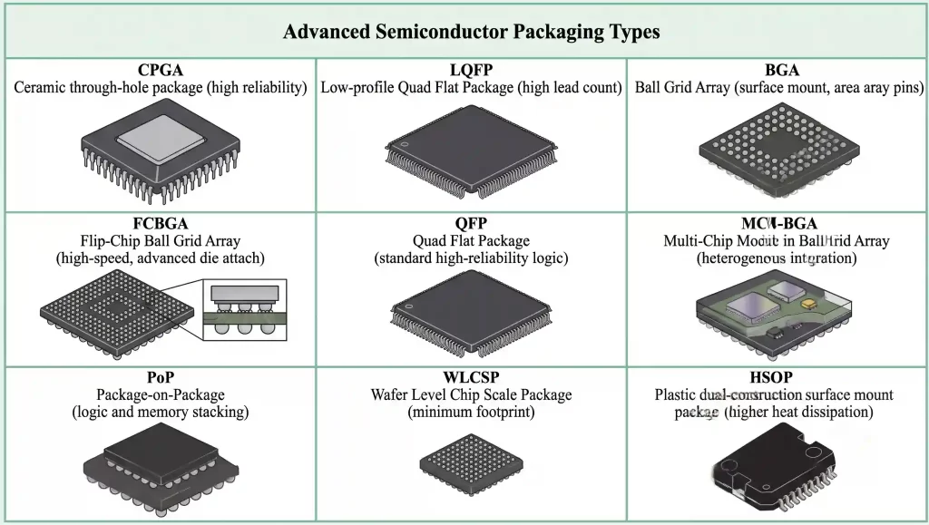 Different 8051 microcontroller packaging types including DIP, PLCC, QFP, and surface-mount packages