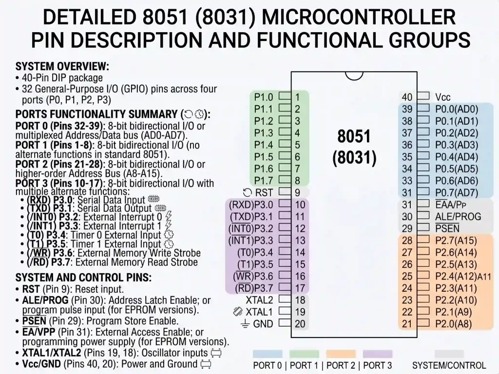 8051 pin diagram illustrating all 40 pins, ports, power supply, oscillator, and control signals