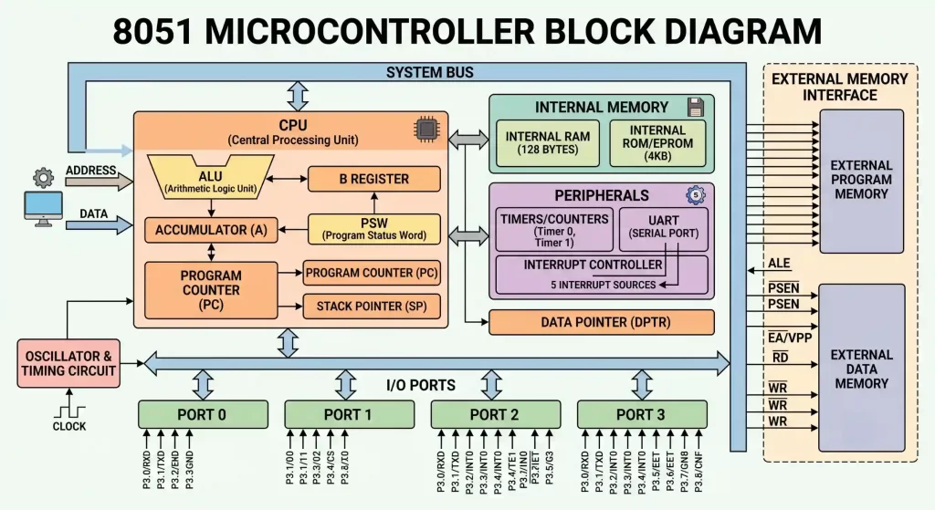 A detailed, educational block diagram of the 8051 Microcontroller architecture showing the CPU with ALU and Accumulator, Internal RAM and ROM, Register Bank, Program Counter, Stack Pointer, Timers, UART serial port, Interrupt Controller, Oscillator, 4 I/O Ports, and External Memory Interface connected via the system bus.