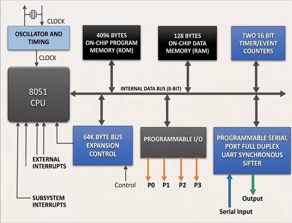 Block diagram of 8051 microcontroller architecture showing CPU, memory, timers, UART, and I/O ports
