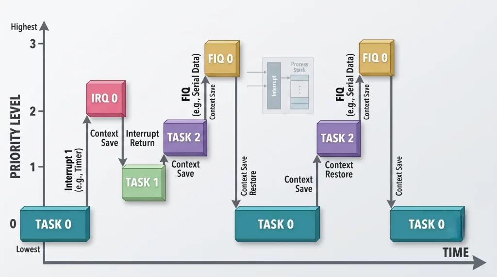 Diagram illustrating interrupt priority levels and context switching over time in an embedded system. Task 0 starts at the lowest priority and is interrupted by IRQ 0, which temporarily saves Task 0's context before returning execution. Task 2 is later interrupted by a higher-priority FIQ 0, demonstrating context save and restore operations. The vertical axis represents priority levels from 0 (lowest) to 3 (highest), while the horizontal axis represents time, showing how tasks and interrupts preempt each other based on priority.