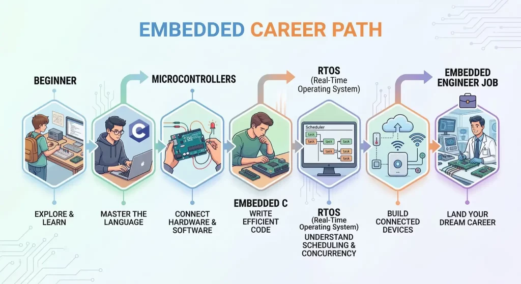 Embedded systems career path from beginner to embedded engineer including C programming, microcontrollers, embedded C, RTOS and IoT development